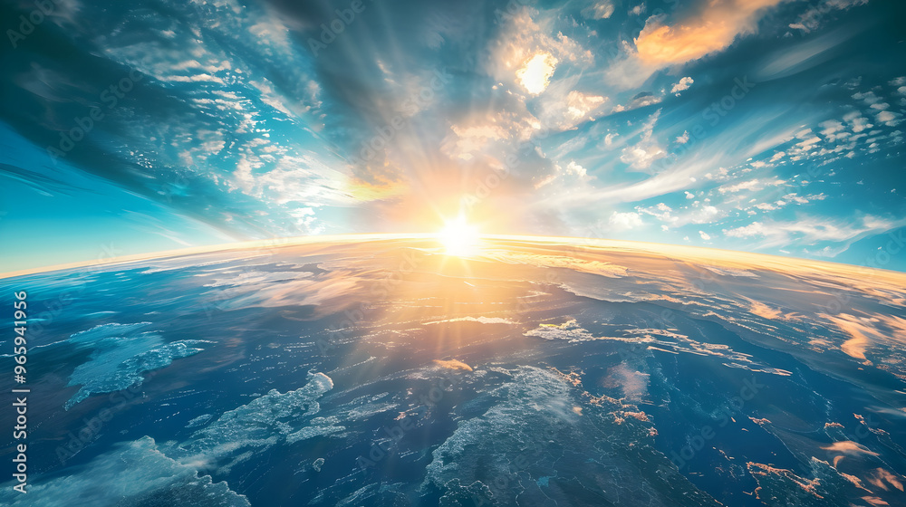 Dramatic Earth view from space at sunset, showcasing radiant sunlight in the background Dramatic Earth view from space at sunset, showcasing radiant sunlight in the background