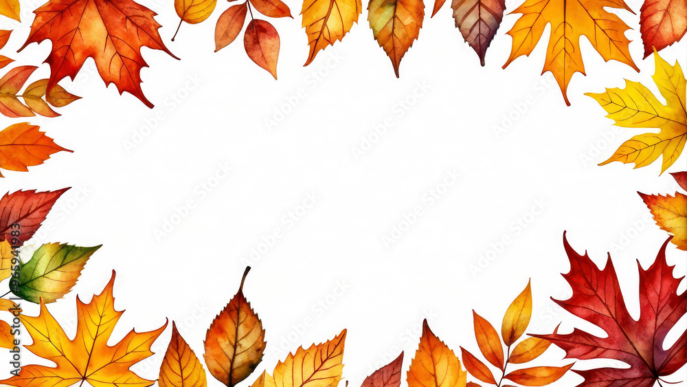 Fototapeta premium Colorful autumn leaves frame with a watercolor effect.Fall season concept.Banner for design with space for text.