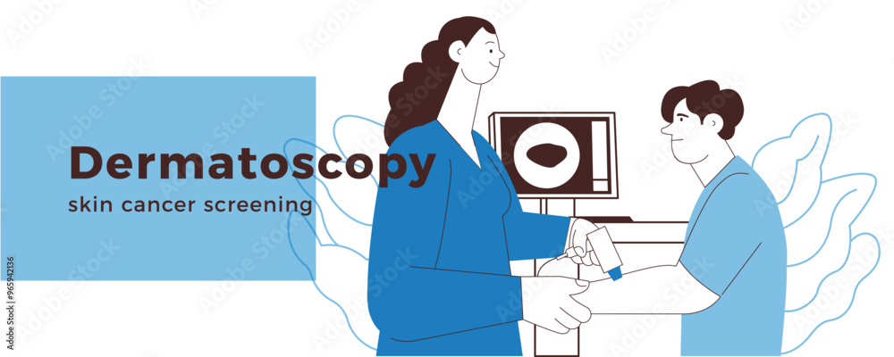 Fototapeta premium Dermatoscopy. Skin Cancer Screening. Medical Equipment. Medical Specialist Screening Patient on Birthmarks in Laboratory. Black and White Modern Flat Vector Illustration. Landing Page Design Template.