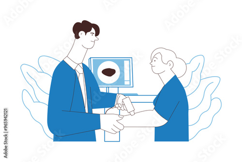 Dermatoscopy. Skin Cancer Screening. Medical Equipment. Medical Specialist Screening Patient on Birthmarks in Laboratory. Black and White Modern Flat Vector Illustration. Landing Page Design Template.