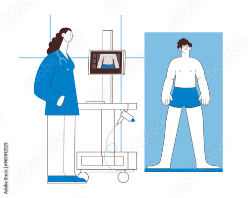 Dermatoscopy. Skin Cancer Screening. Medical Equipment. Medical Specialist Screening Patient on Birthmarks in Laboratory. Black and White Modern Flat Vector Illustration. Landing Page Design Template.