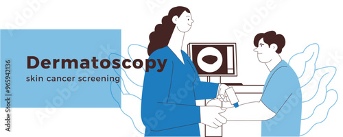 Dermatoscopy. Skin Cancer Screening. Medical Equipment. Medical Specialist Screening Patient on Birthmarks in Laboratory. Black and White Modern Flat Vector Illustration. Landing Page Design Template.