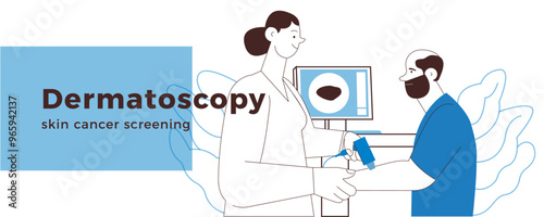 Dermatoscopy. Skin Cancer Screening. Medical Equipment. Medical Specialist Screening Patient on Birthmarks in Laboratory. Black and White Modern Flat Vector Illustration. Landing Page Design Template.