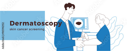 Dermatoscopy. Skin Cancer Screening. Medical Equipment. Medical Specialist Screening Patient on Birthmarks in Laboratory. Black and White Modern Flat Vector Illustration. Landing Page Design Template.
