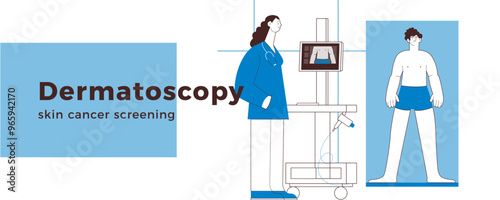 Dermatoscopy. Skin Cancer Screening. Medical Equipment. Medical Specialist Screening Patient on Birthmarks in Laboratory. Black and White Modern Flat Vector Illustration. Landing Page Design Template.