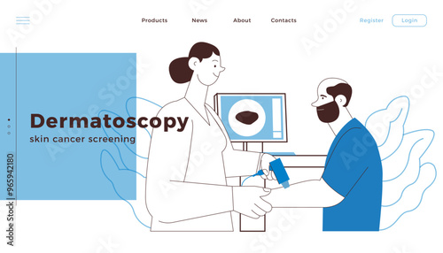 Dermatoscopy. Skin Cancer Screening. Medical Equipment. Medical Specialist Screening Patient on Birthmarks in Laboratory. Black and White Modern Flat Vector Illustration. Landing Page Design Template.