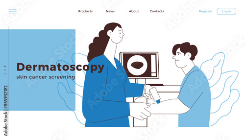 Dermatoscopy. Skin Cancer Screening. Medical Equipment. Medical Specialist Screening Patient on Birthmarks in Laboratory. Black and White Modern Flat Vector Illustration. Landing Page Design Template.