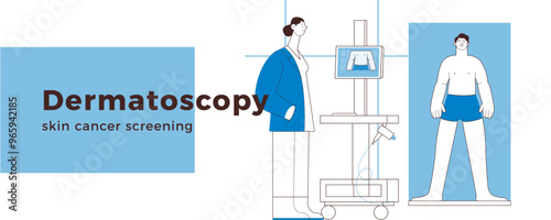 Dermatoscopy. Skin Cancer Screening. Medical Equipment. Medical Specialist Screening Patient on Birthmarks in Laboratory. Black and White Modern Flat Vector Illustration. Landing Page Design Template.