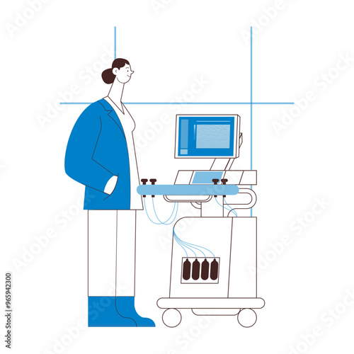 Ultrasonography Scanner. Standing Female Medical Specialist near Scanner in Medical Office or Laboratory. Medical Equipment. Black and White Modern Flat Vector Concept Illustration.