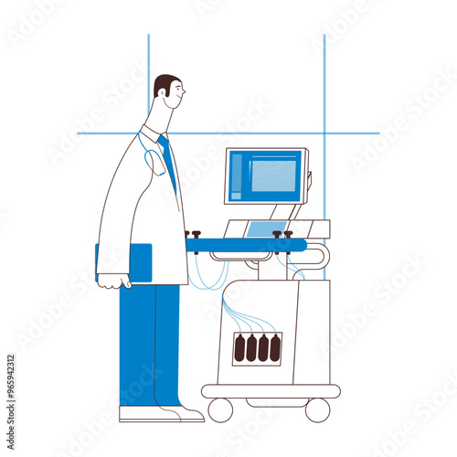 Ultrasonography Scanner. Standing Male Medical Specialist near Scanner in Medical Office or Laboratory. Medical Equipment. Black and White Modern Flat Vector Concept Illustration.