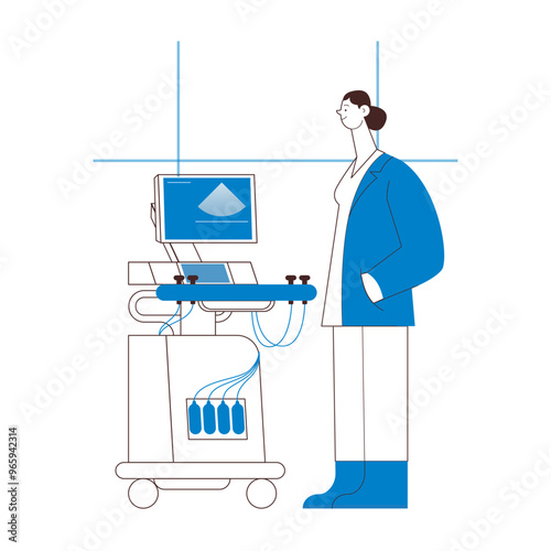 Ultrasonography Scanner. Standing Female Medical Specialist near Scanner in Medical Office or Laboratory. Medical Equipment. Black and White Modern Flat Vector Concept Illustration.
