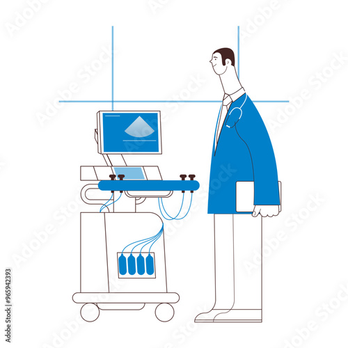 Ultrasonography Scanner. Standing Male Medical Specialist near Scanner in Medical Office or Laboratory. Medical Equipment. Black and White Modern Flat Vector Concept Illustration.