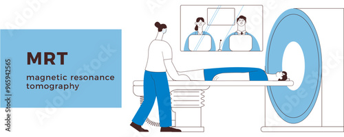 Magnetic Resonance Tomography. MRI procedure. Patient in the Scanner, Nurse, Medical Specialists in Laboratory. Medical Equipment. Black and White Modern Flat Vector Illustration. 
