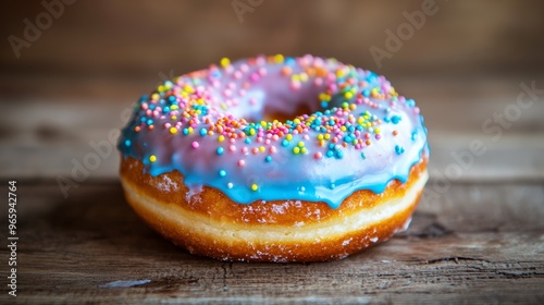 Delicious donut covered with blue icing and sprinkles on wooden table