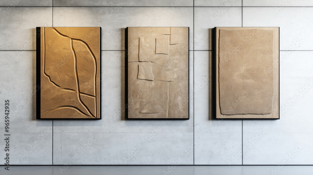 Three abstract textured art panels are mounted on a modern, concrete ...