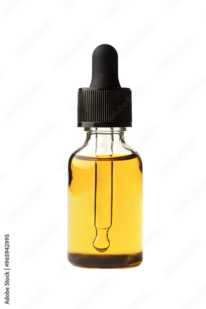 A glass bottle with a dropper filled with a golden liquid. A glass bottle with a dropper filled with a golden liquid.