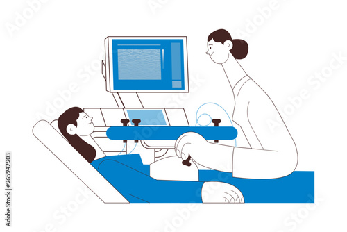 Ultrasonography Procedure. Female Medical Specialist Examining Pregnant Female Patient with Scanner in Medical Office or Laboratory. Black and White Modern Flat Vector Concept Illustration. 