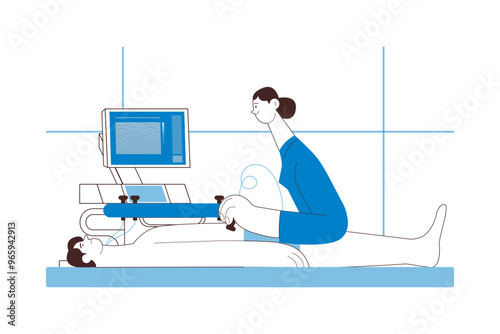 Ultrasonography Procedure. Female Medical Specialist Examining Male Patient with Scanner in Medical Office or Laboratory. Black and White Modern Flat Vector Concept Illustration. Website Banner. 