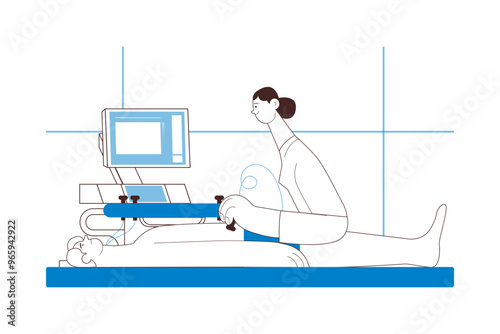 Ultrasonography Procedure. Female Medical Specialist Examining Male Patient with Scanner in Medical Office or Laboratory. Black and White Modern Flat Vector Concept Illustration. Website Banner. 