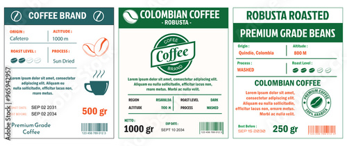 An illustration of Colombian Coffee Labels template simple flat style in cmyk mode with two tone color. The labels detail various coffee attributes such as origin, altitude, roast level, process, and 