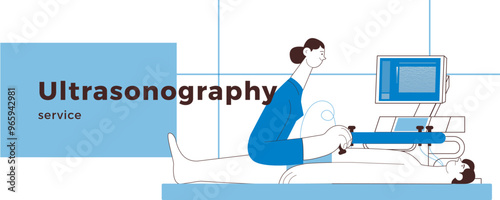 Ultrasonography Procedure. Female Medical Specialist Examining Male Patient with Scanner in Medical Office or Laboratory. Black and White Modern Flat Vector Concept Illustration. Website Banner. 