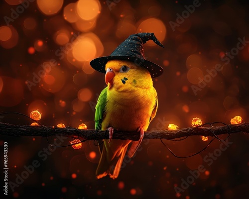 Colorful parrot in a witch hat on a branch with glowing lights, perfect for Halloween-themed designs and festive projects. photo