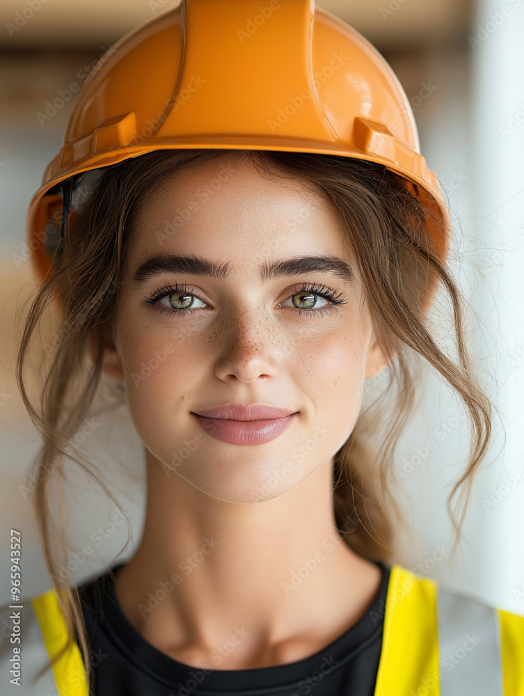 A woman wearing a yellow hard hat and a black shirt A woman wearing a yellow hard hat and a black shirt