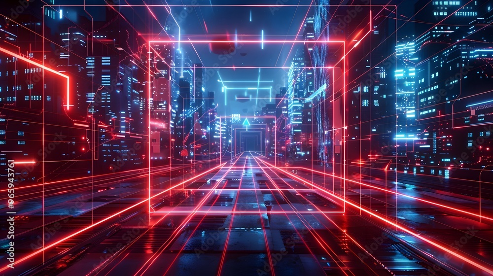 Frame with Neon Lines and Digital Elements in Futuristic Cityscape Background Frame with Neon Lines and Digital Elements in Futuristic Cityscape Background