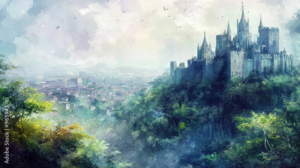 A majestic medieval castle overlooking a serene valley and distant city under a cloudy sky