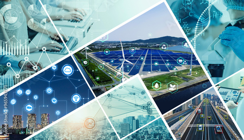 Tableau sur toile 様々な産業とテクノロジーイメージのコラージュ　バナー・広告向け横長ビジュアル