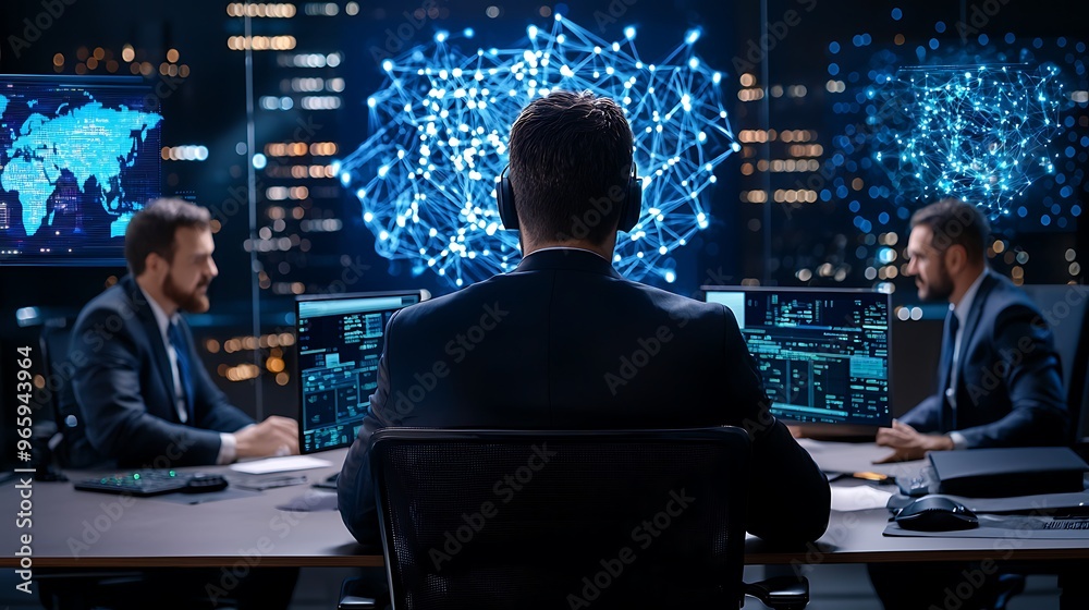 A cybersecurity expert navigates global network security within a sleek, modern office.