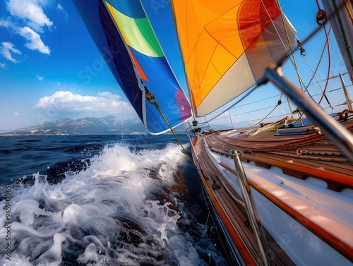 Sailing regatta with colorful sails, dynamic and competitive, Coastal, Bright hues, Photograph, Nautical sport