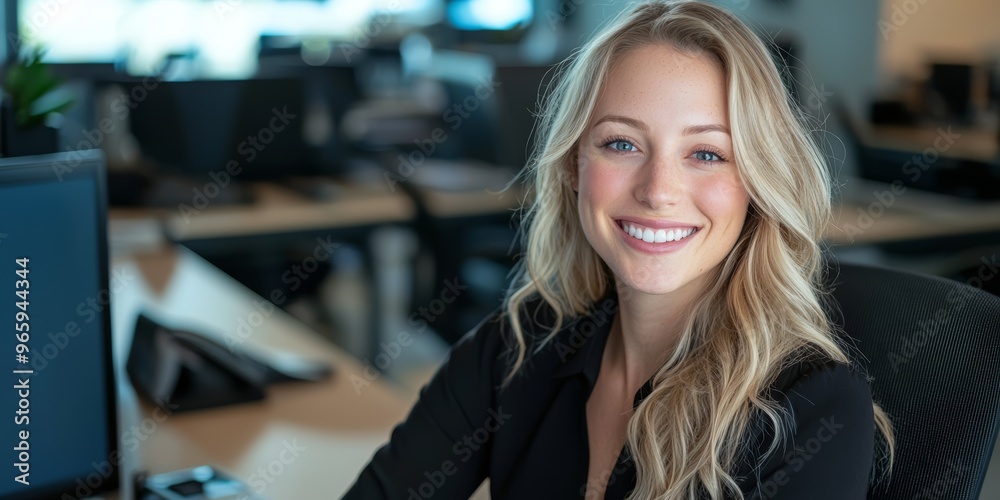 Professional woman in a corporate office, smiling while seated at her desk, with soft lighting and a modern workspace atmosphere Professional woman in a corporate office, smiling while seated at her desk, with soft lighting and a modern workspace atmosphere