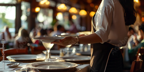 Waitress clearing dishes from a table after customers have finished their meal, maintaining a professional demeanor.
