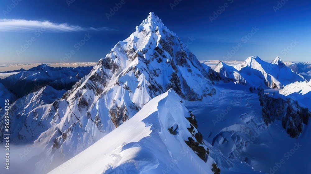 Snowy mountain peak with clear skies, majestic and expansive, Nature, Cool tones, Photograph, Alpine beauty Snowy mountain peak with clear skies, majestic and expansive, Nature, Cool tones, Photograph, Alpine beauty