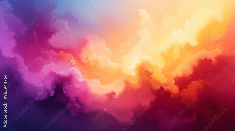 A colorful painting of a sky with clouds in various shades of pink, purple A colorful painting of a sky with clouds in various shades of pink, purple