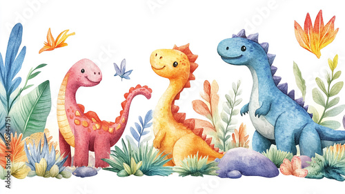 Fototapeta Naklejka Na Ścianę i Meble -  Colorful dinosaurs play among vibrant plants in a whimsical nature illustration