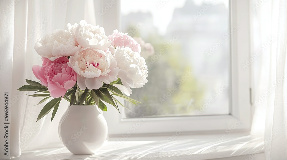 floral display of pink and white peonies in a vase on a windowsill sunlight casting soft light on the flowers creating a bright room backgroun