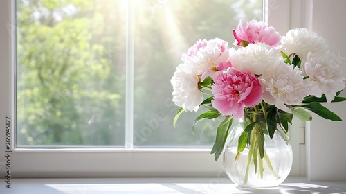Fototapeta Naklejka Na Ścianę i Meble -  beautiful pink and white peonies bouquet in a vase on a windowsill with sunlight shining through creating a soft floral background perfect for display