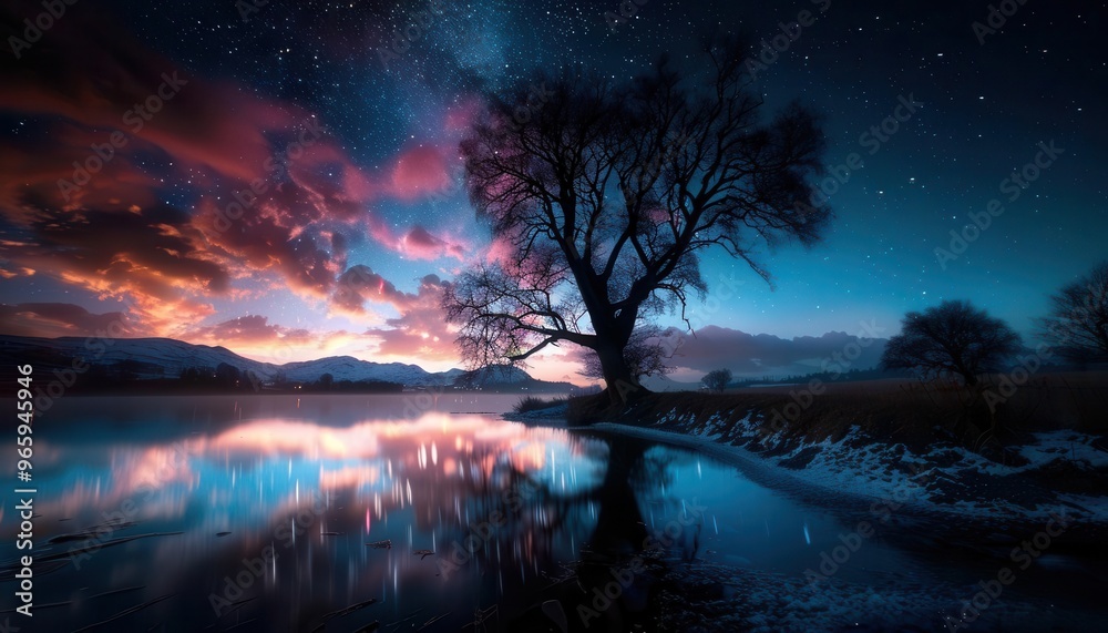 Starry night sky over a quiet landscape, expansive and serene, Nature, Cool tones, Photograph, Celestial wonder Starry night sky over a quiet landscape, expansive and serene, Nature, Cool tones, Photograph, Celestial wonder