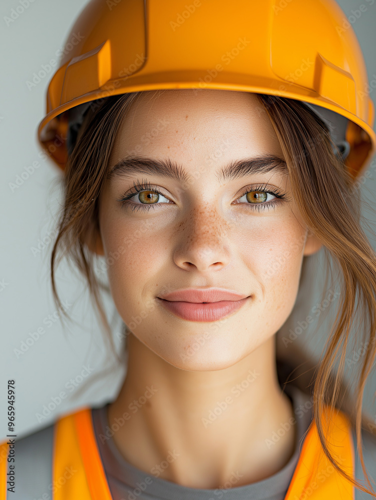 A woman wearing a yellow hard hat and orange vest A woman wearing a yellow hard hat and orange vest