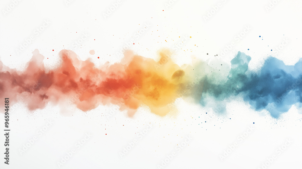 A colorful line of paint splatters on a white background