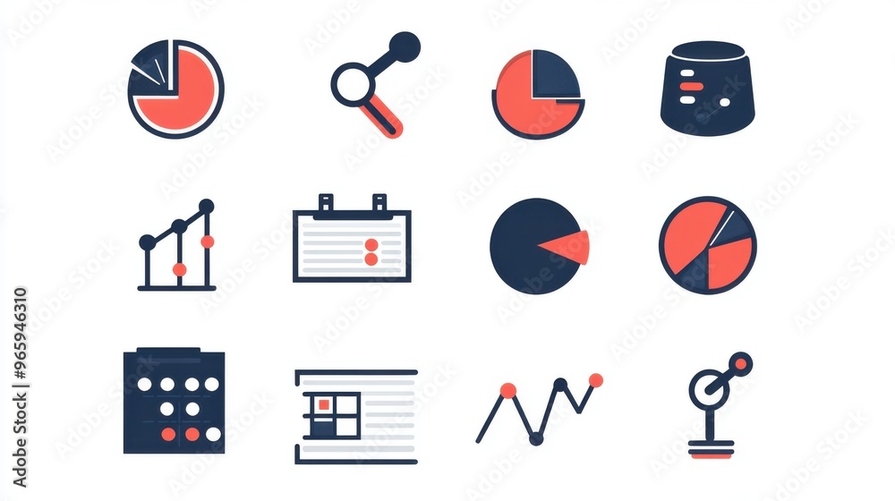 Fototapeta premium Duo-tone design featuring a set of data analysis icons, including search,