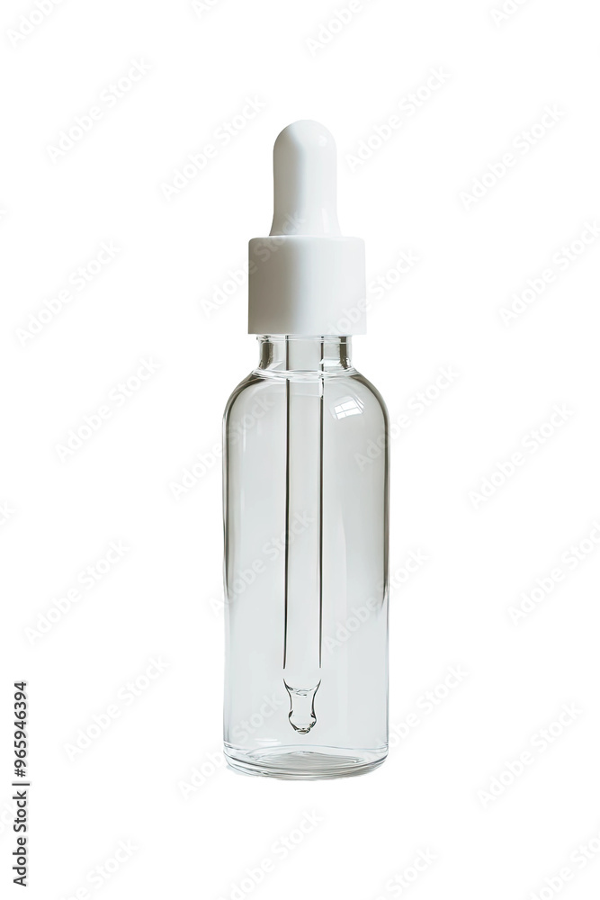 Clear glass bottle with a white dropper lid, perfect for essential oils or serums. Clear glass bottle with a white dropper lid, perfect for essential oils or serums.