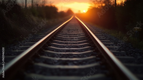 sunset railway track leading to the horizon in twilight showcasing peaceful journey and scenic transportation across serene evening landscape