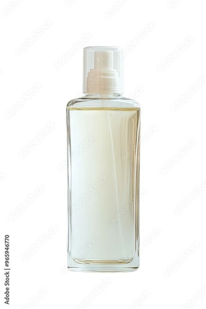 A clear glass bottle with a white pump dispenser filled with a light-colored liquid.