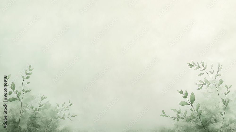 Obraz premium A painting of a forest with a green background and a few leaves