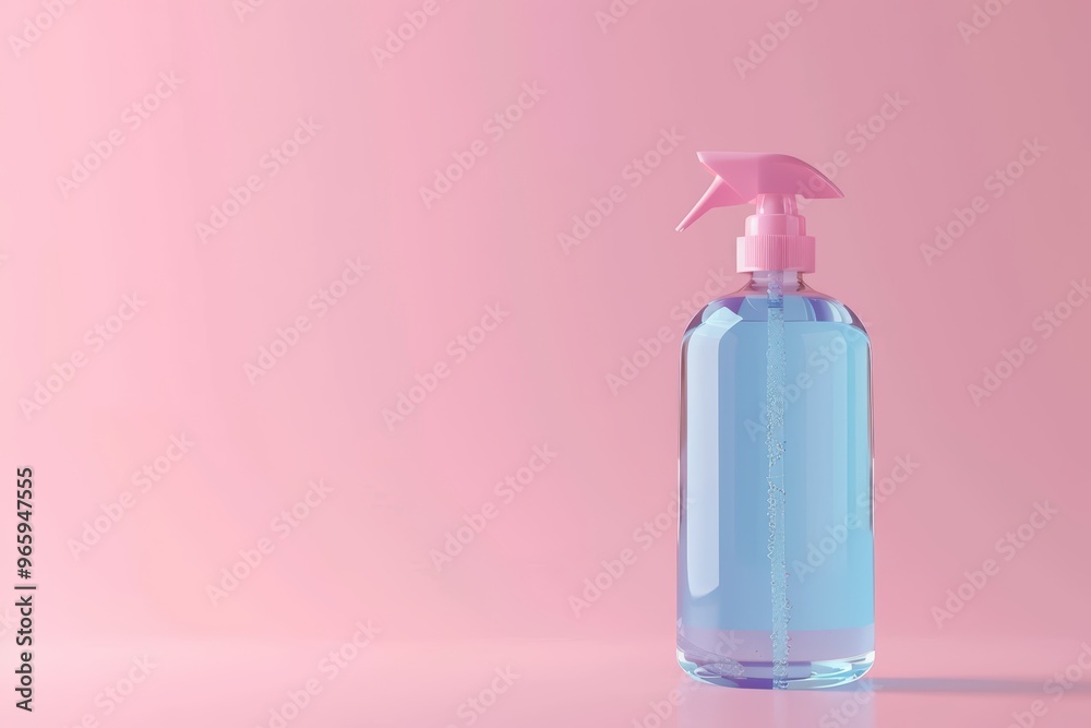 A clear spray bottle filled with blue liquid against a soft pink background, ideal for cleaning product or beauty concepts. A clear spray bottle filled with blue liquid against a soft pink background, ideal for cleaning product or beauty concepts.