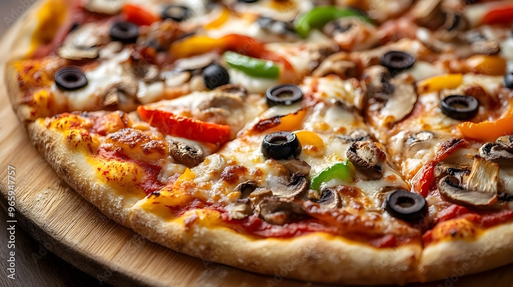 A close-up of a freshly baked artisan pizza with a variety of toppings including mushrooms, bell peppers, and olives, set on a wooden pizza peel. A close-up of a freshly baked artisan pizza with a variety of toppings including mushrooms, bell peppers, and olives, set on a wooden pizza peel.