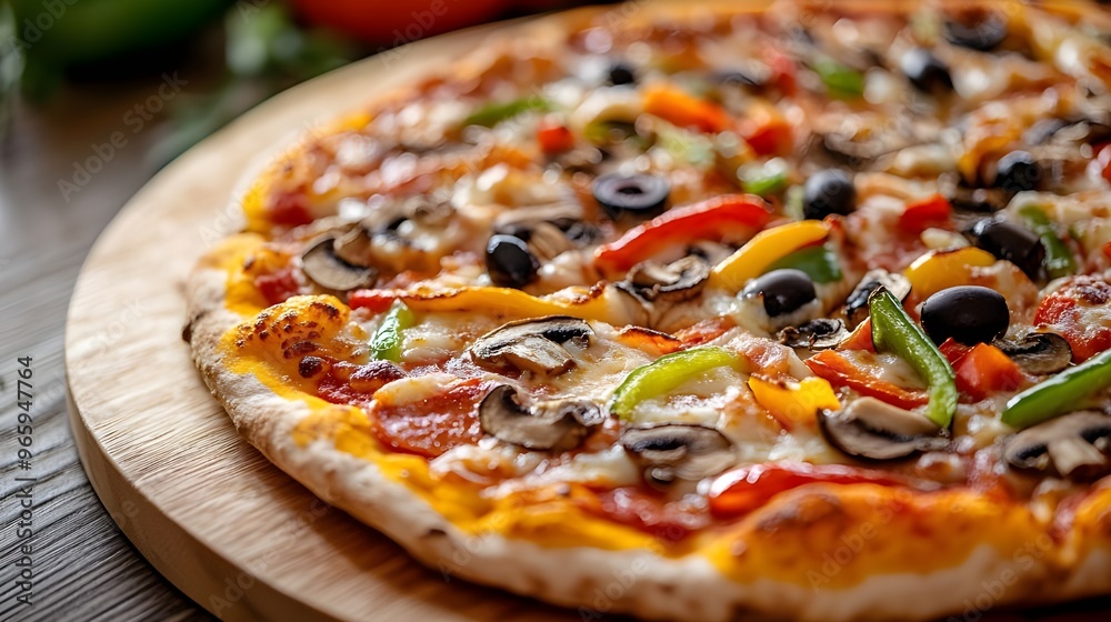 A close-up of a freshly baked artisan pizza with a variety of toppings including mushrooms, bell peppers, and olives, set on a wooden pizza peel.